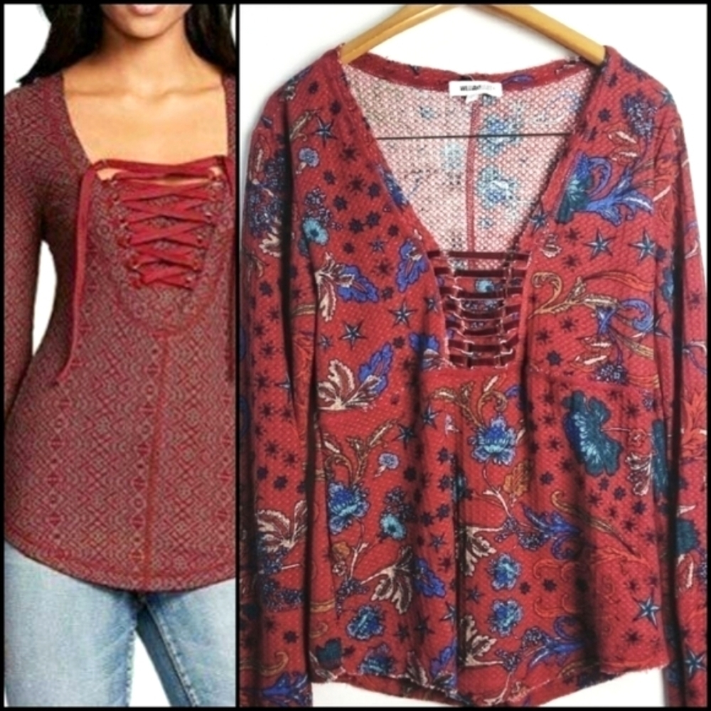NEW! WILLIAM RAST Boho Waffle Thermal Floral Long Sleeve Lace Up Top Juniors Lg.